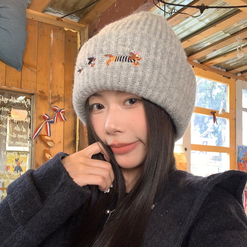 小狗刺绣针织毛线帽女秋冬季显脸小保暖防寒帽子韩系氛围感围巾|undefined