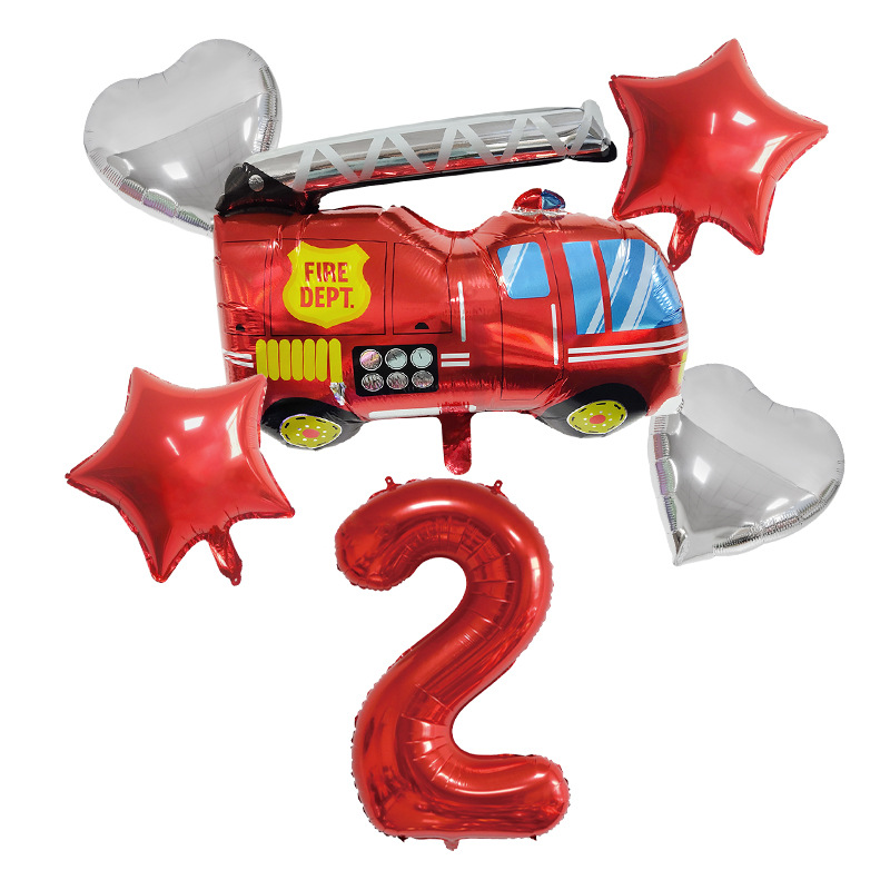 新款消防車紅色愛心生日鋁膜數字氣球束6pcs派對裝飾場地布置套裝