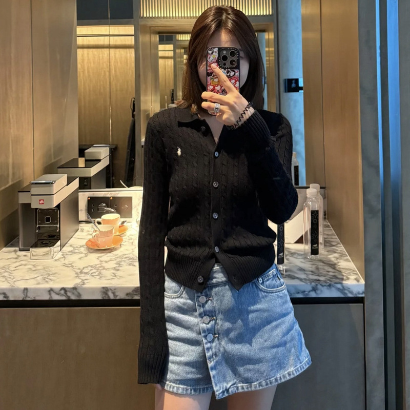 Rl Ralph Lauren Small Label War Horse Lapel Polo Collar Long-Sleeved Twist Cardigan Knitwear Jacket Old Money Style Knitted Knitwear