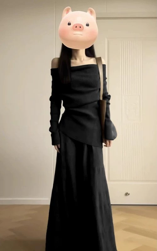 一字肩黑色针织连衣裙子女装早秋季2025新款小个子巨好看套装长裙|undefined