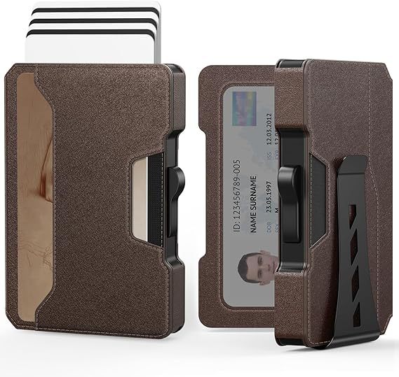 Amazon doble plegable lado empuje caja de tarjetas metálicas RFID blindaje cartera ultrafina pop-up multi-tarjeta cartera de cuero