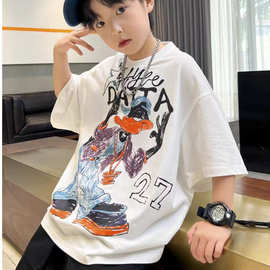 棉宽松前后印后包领男童百搭上衣中童落肩袖童装短袖T桖一件代发