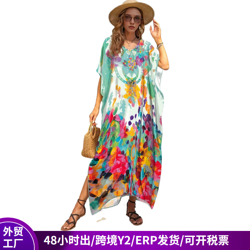 Cross-border foreign trade loose plus-size V-neck dress, women's printed beach dress, beach vacation style long robe, sun protection cover-up Cross-border foreign trade loose plus-size V-neck dress, women's printed beach dress, beach vacation style long robe, sun protection cover-up