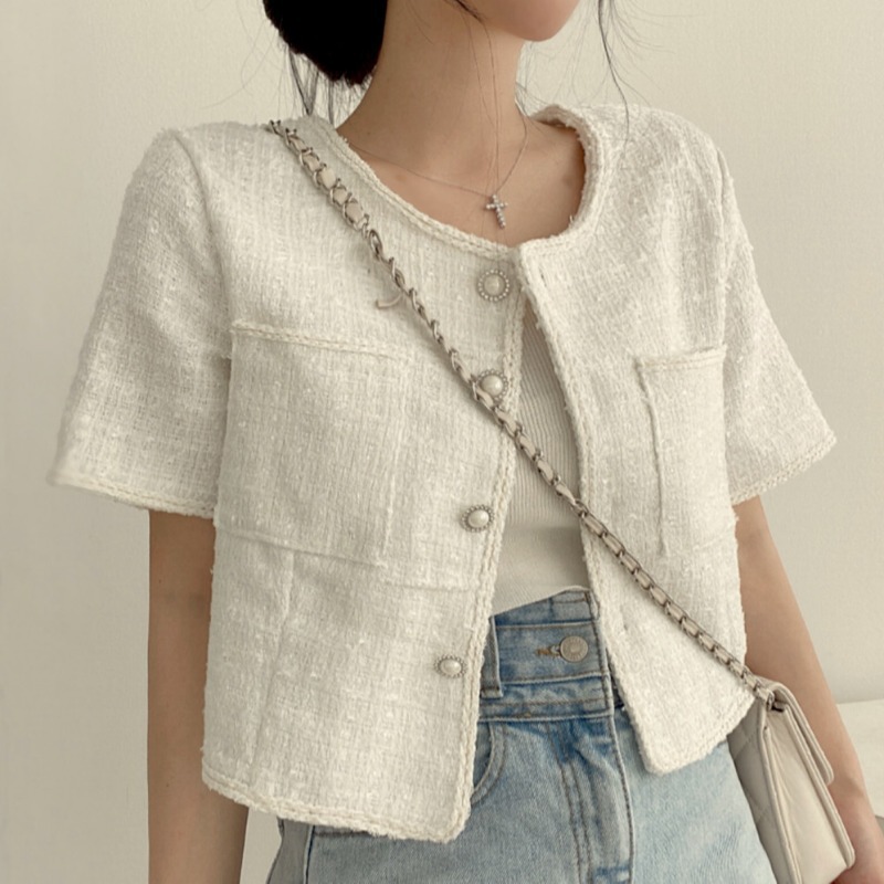 Korean Spring and Summer French Niche Style Pearl Button Round Neck Tweed Short-Sleeved Cardigan Jacket Top for Women