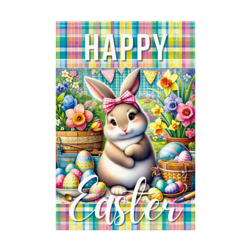 Pascua transfronteriza patio decoración bandera de jardín conejo colorido lino doble cara bandera de jardín del día del conejo