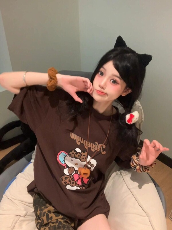 日本製夏スウェットシャツ KT ハローキティ プリント 半袖 Tシャツ トップス 純綿 半袖 Tシャツ レディース キティ トレンド|undefined