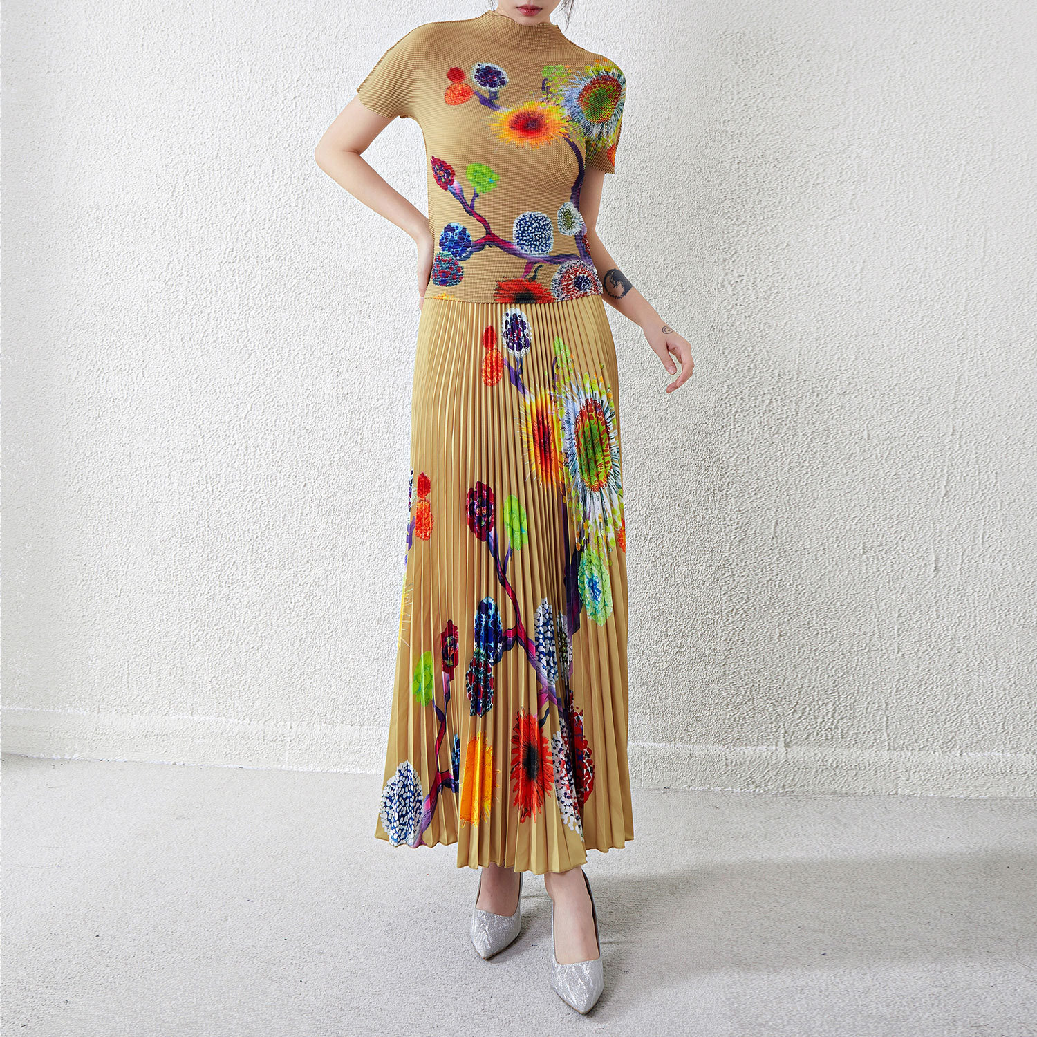 三宅复古设计感短袖T恤大摆遮肉半身裙套装女夏季新款减龄两件套