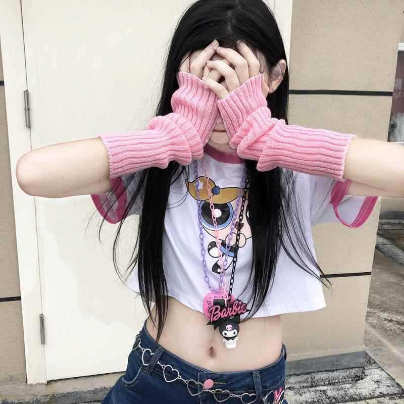 Bungee hip-hop cálido manga de punto JK otoño invierno japonés Harajuku ninja guantes de dedo expuesto mujeres oscuras