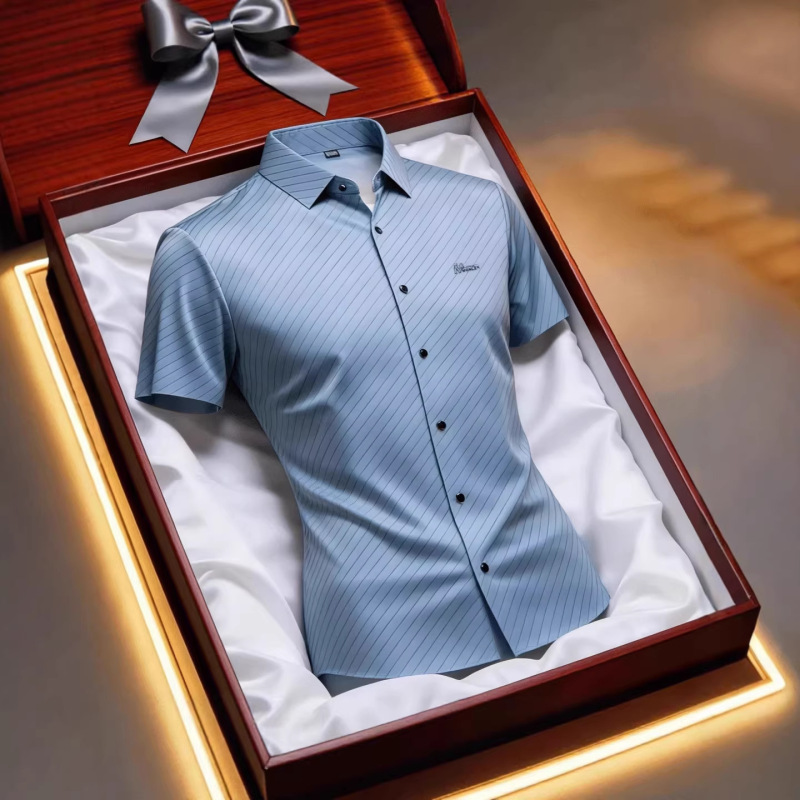 Trendy Short-Sleeve Shirt for Men, Summer New Style, Middle-Aged Striped Versatile Casual Business Shirt, Half-Sleeve Top