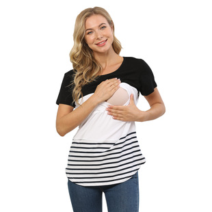 2025 European and American plus size Summer Stitching Pure Cotton Breathable Short-sleeved Pregnant Women's Top Loose Striped Outer Wear Nursing T-shirt