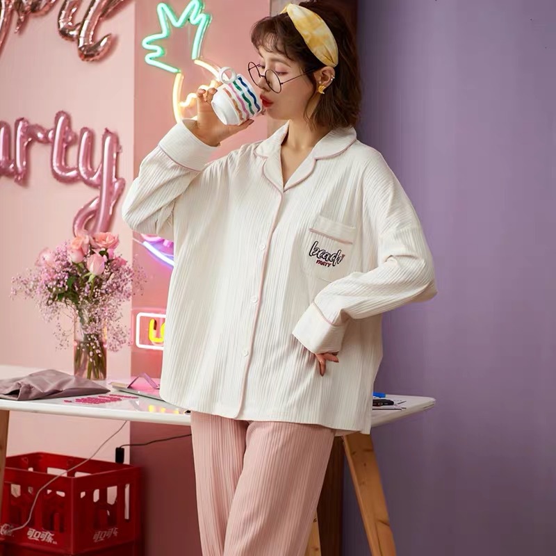 Pijamas de mujer primavera y otoño 100% algodón de manga larga otoño coreano casual cardigan suelto más tamaño de alta gama traje de desgaste para el hogar