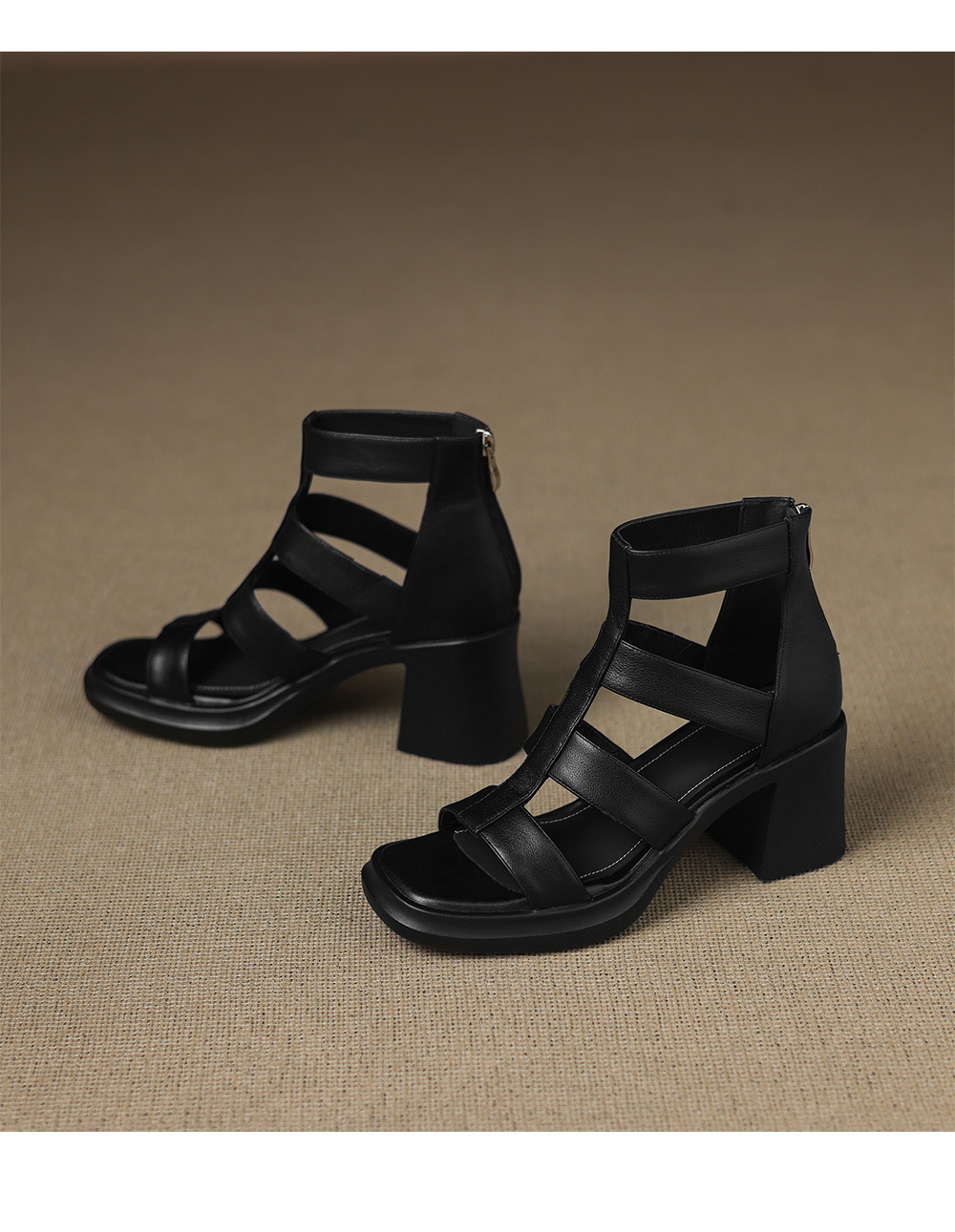 Sandal cao gót nữ mũi vuông hở ngón chân, chất da bò thô, gót 9 cm — đen chi tiết 18