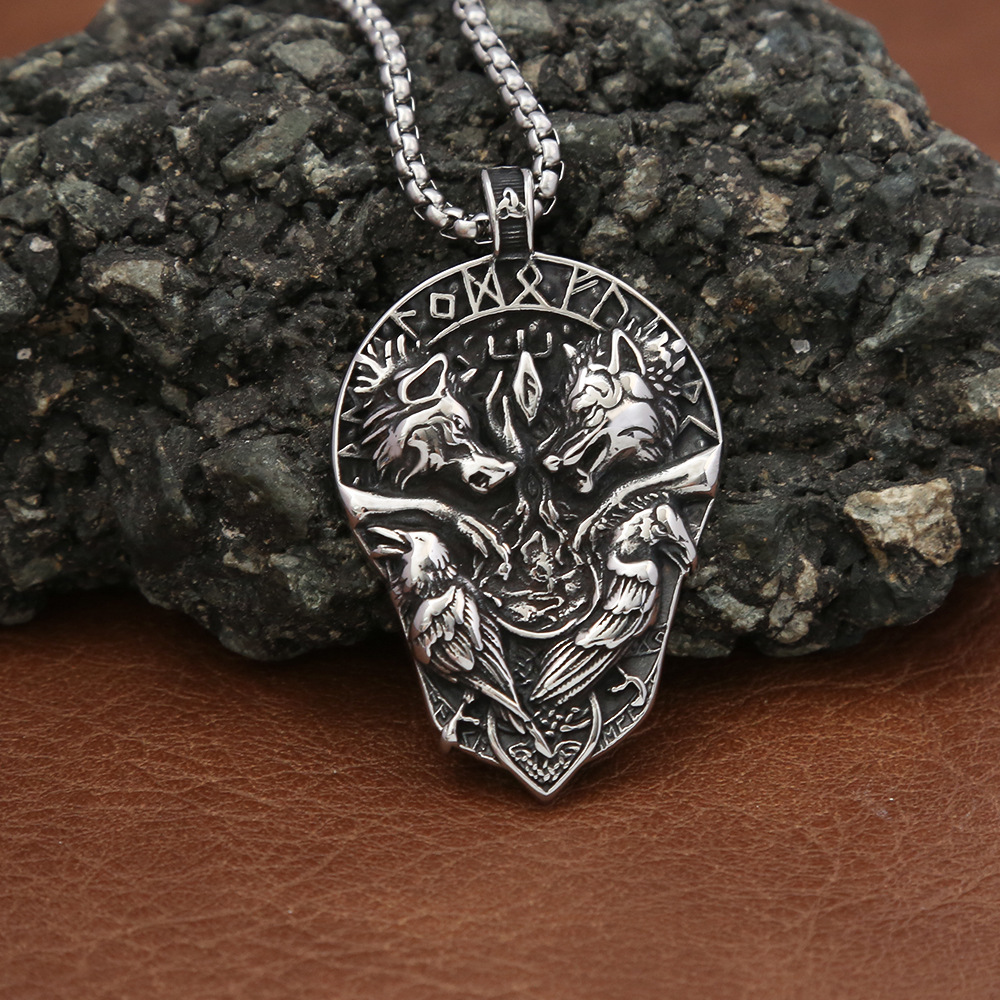 Collana in acciaio inossidabile da uomo con ciondolo personalizzato vichingo con doppio lupo, in acciaio al titanio, gioielli runici_voghion.com