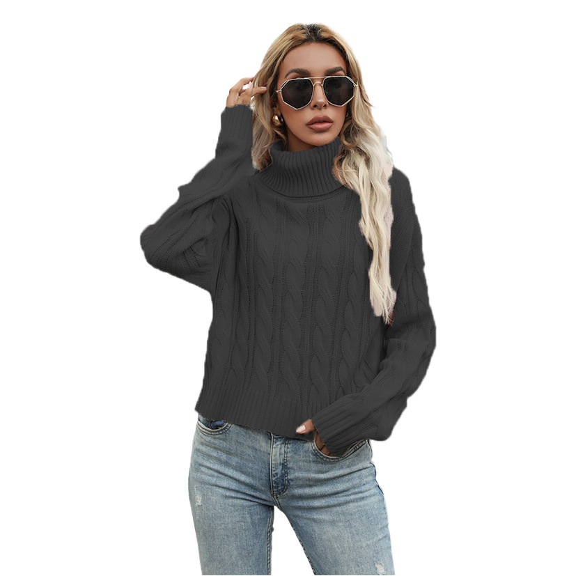 Suéter de Punto de Cuello Alto con Trenzado de Color Sólido para Mujer, Novedad de Otoño e Invierno 2025, Suministro Exclusivo Transfronterizo Europeo y Americano para Sitios Independientes de Amazon