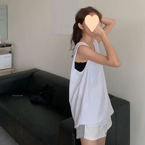 New trendy off-the-shoulder camisole with Korean style, outerwear fashion, sleeveless, loose fit, wind-length long dressy top.