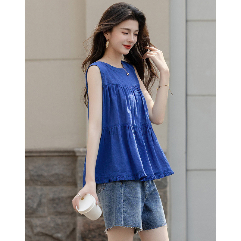 2026 Summer Klein Blue Gentle Pure Cotton Shirt Sleeveless Patchwork Loose Fit Petite Women's Blouse