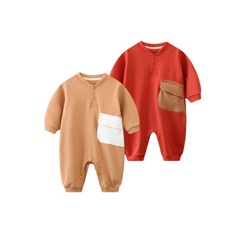 Ins baby onesie striped shoulder straps Korean version faux two-piece spring and autumn long-sleeved baby crawling suit casual outdoor clothes