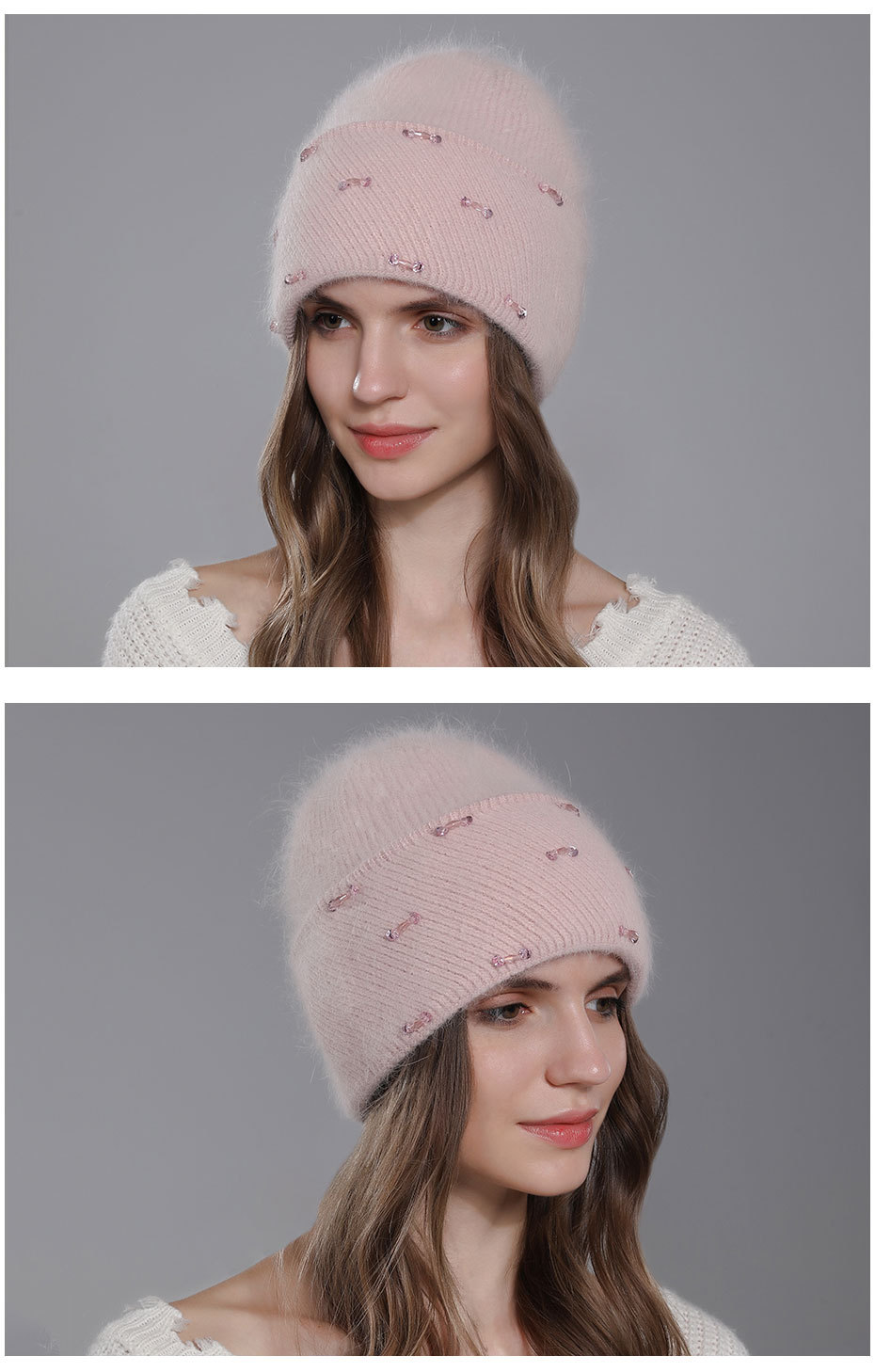 Poils de lapin tricotés pour enfants, mode chaude d'hiver. La laine est polyvalente pour les femmes avec des bords retournés et un double pli_voghion.com