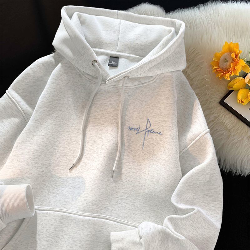 Men's Hooded Sweatshirt Autumn and Winter Fleece Thick Versatile Trendy Gray Letter American Style Top Jacket Men