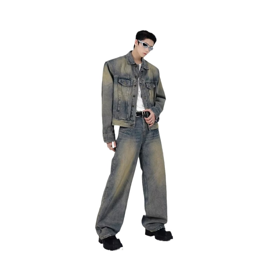 Americano retro nicho retro apenado lavado suelto abrigo Denim de alta calidad traje de Chaqueta corta conjunto completo de los hombres