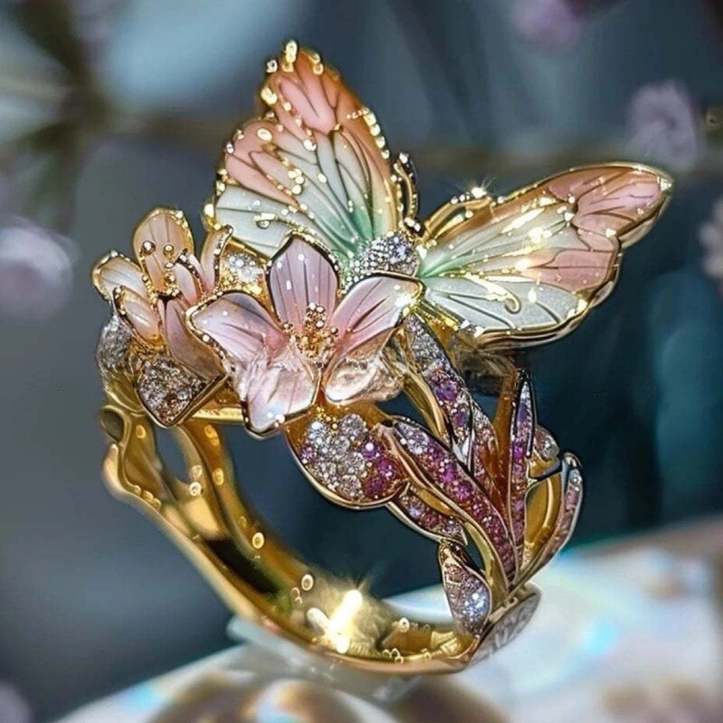 2025 越境新製品蝶の花の女性のオープンリング装飾ファッションリングドリップオイルリング卸売|undefined
