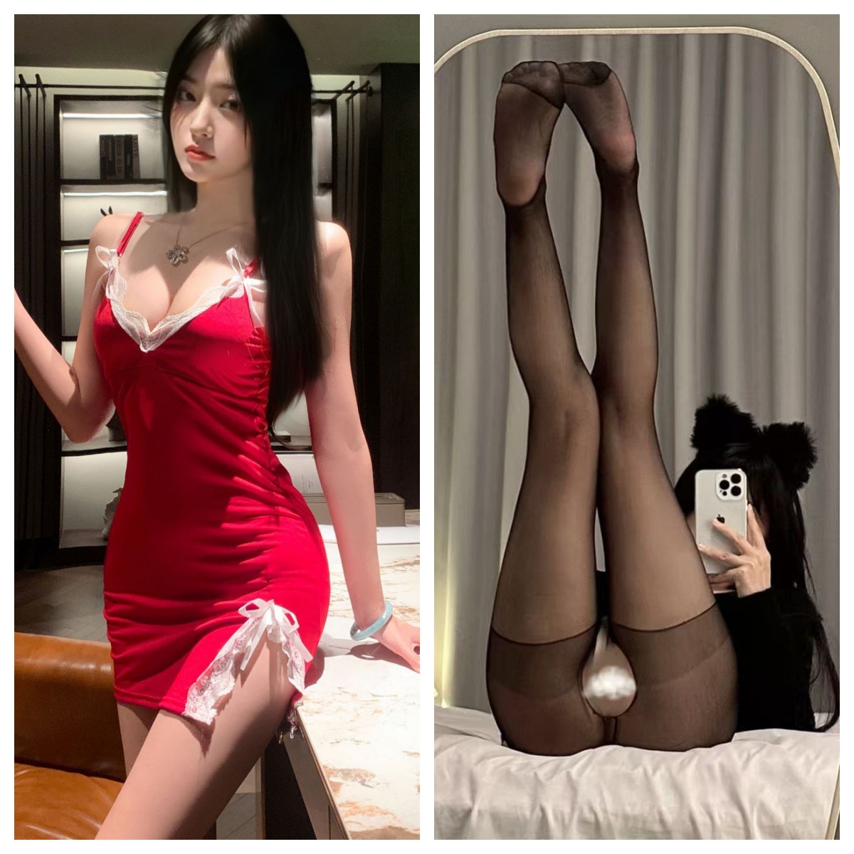 와인색 + 블랙 오픈 크로치 스타킹
