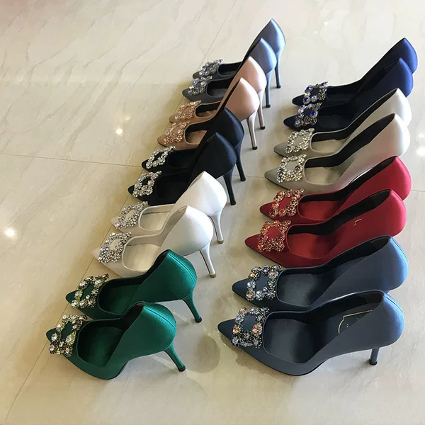 Red Wedding Shoes with Rhinestone Square Buckle, Stiletto Mid-Heel Pointed Toe Bridal Bridesmaid Shoes, 10cm Ultra-High Heel