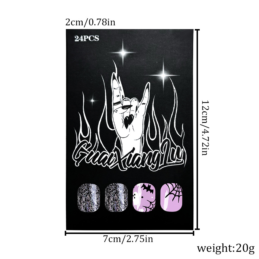 Short Glitter Halloween Glitter Nail Pieces Black Cobweb Bat Cute White Ghost Nail Patch 24 Pieces_voghion.com