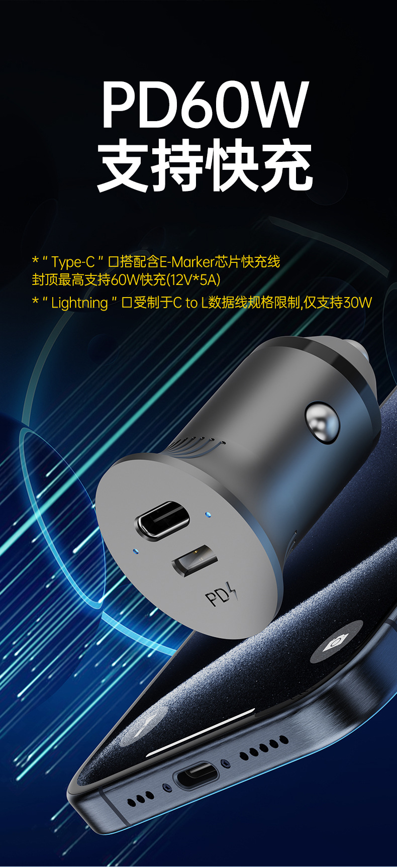 Car Cigarette Lighter Pd60W Super Fast Charging Dual Type-C Port Flash Charging Suitable for Huawei, Apple, and Android Phones