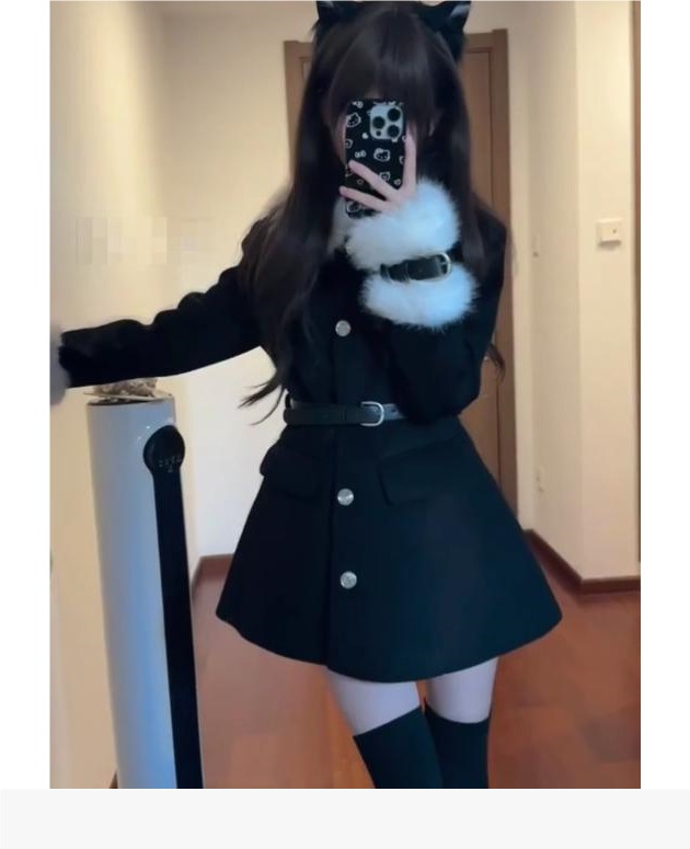 ChicShe College Style Patchwork Woolen With Fur Collar Dress Autumn And Winter, Elegant Waist-Cinching Coat For Rich Socialite_voghion.com