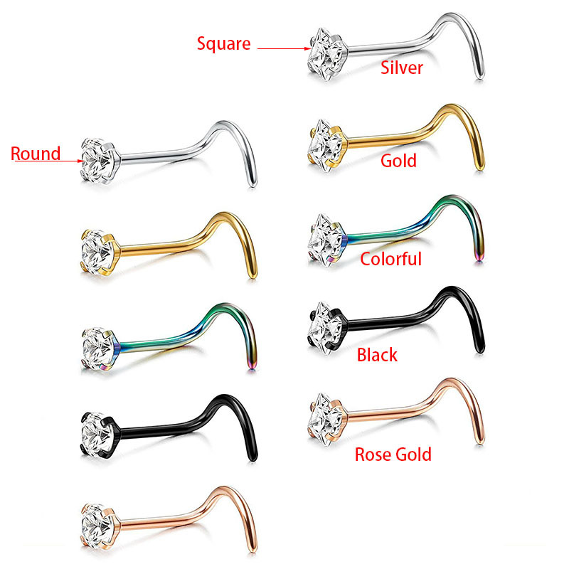 Piercing al naso a perno curvo in acciaio inossidabile 316L, rotondo, quadrato, con zircone, spessore 0,8 mm_voghion.com