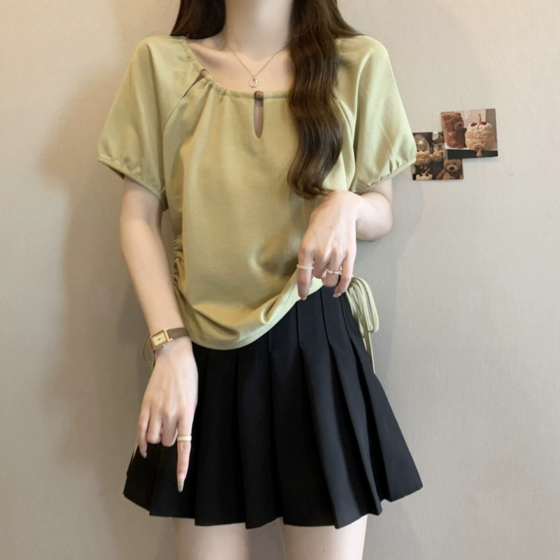 Женская зеленая футболка с пышными рукавами и бисером во французском стиле, летняя, больших размеров, для похудения, для уменьшения возраста, с обычными плечами, красивый топ.