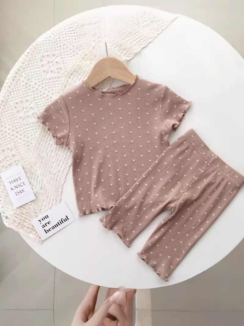 Pijamas infantiles de verano delgado conjunto de puntos de aire extranjero niñas de verano dos piezas de ropa para el hogar ropa de aire acondicionado para niños mujeres