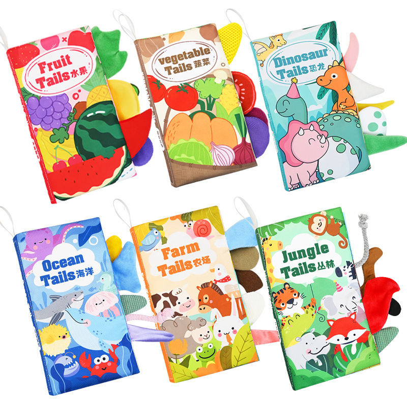 Nuevos productos para bebés libros de tela bebés tridimensionales frutas y verduras dinosaurios cola libro de enseñanza temprana puede morder el libro de juguetes de iluminación del bebé