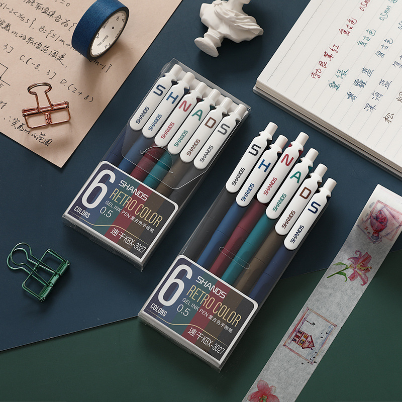 レトロ6色押し式中性ペン学生用カラーウォーターペン中国風メモ手帳専用ペン0.5|undefined