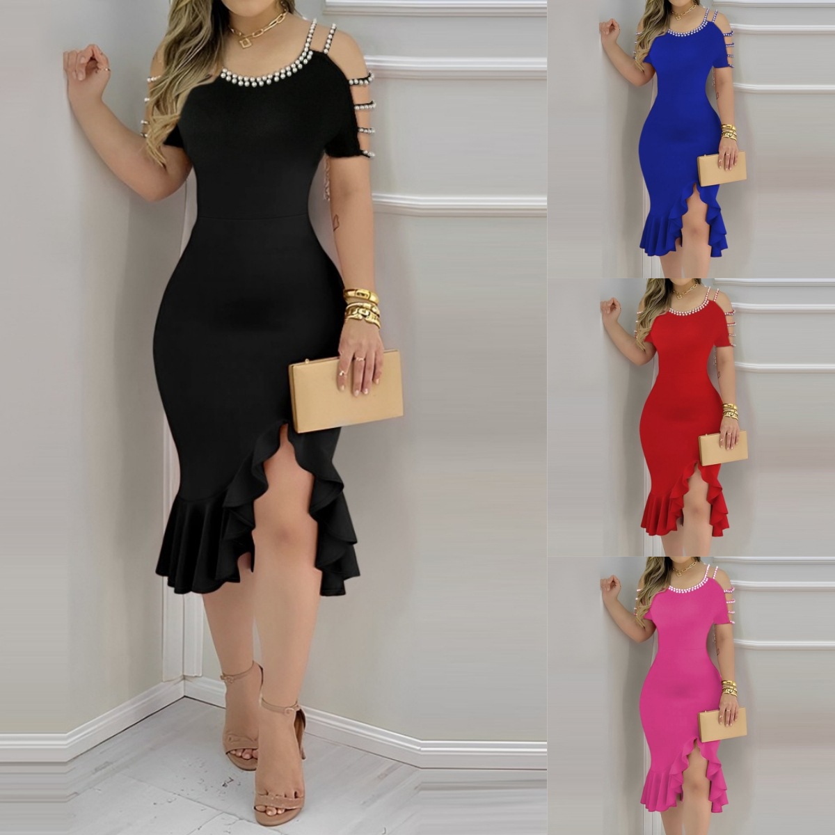 Abbigliamento da donna Saldi estivi Vestito aderente con spacchi arricciati e decorato con perle per le donne_voghion.com