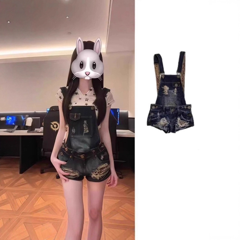 2025 Summer American Hot Girl Washed Vintage Distressed Ripped Denim Overalls Women's Slimming Hip Shorts Trend