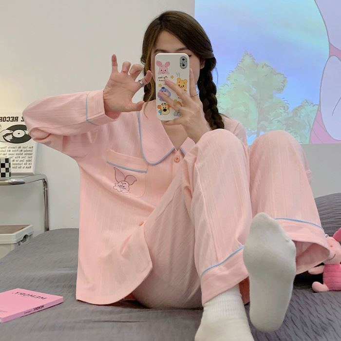 Internet Celebrity pijamas azules de alto grado algodón jacquard peinado de las mujeres Otoño e Invierno de manga larga cardigan linda chica dulce traje de desgaste para el hogar