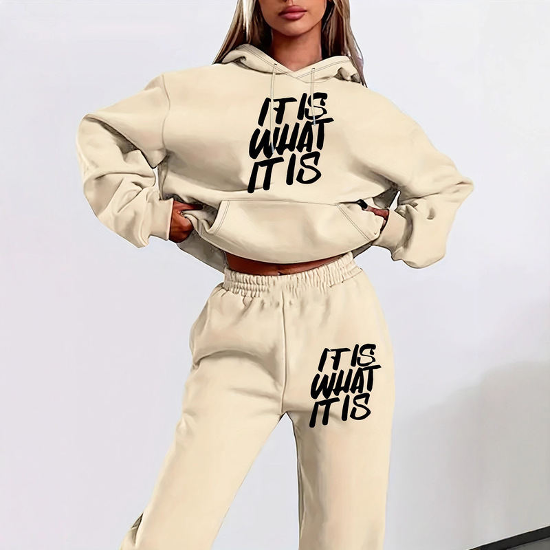 Shein Amazon Best-Selling Letter Print Simple Women's Sweatshirt Suit Autum Long-Sleeved Hooded Sweatshirt