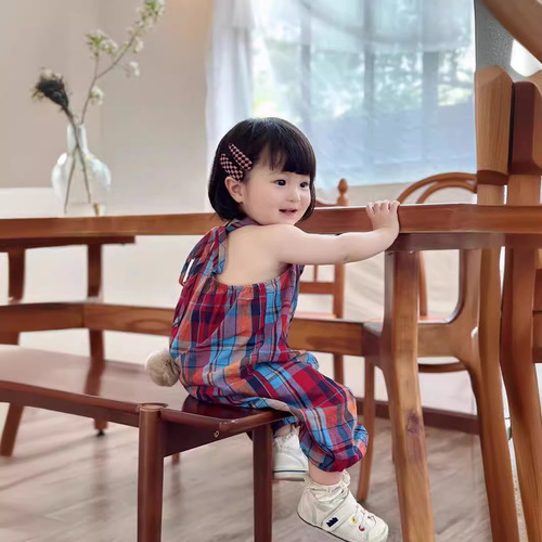 Korean-style Kids' Girl Baby Internet-Famous Plaid Jumpsuit Trendy Summer Children's Wear with Cute Rabbit-Tail Design, Girls' Suspender Pants