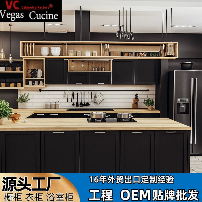 Черные окрашенные шкафы, стильные доступные роскошные индивидуальные встроенные кухонные шкафы, экспортный проект, производитель Шунде, фабрика Фошань