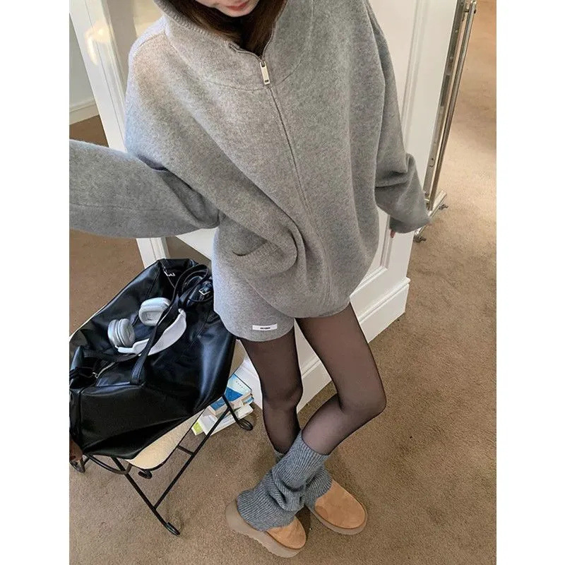 韩国小众灰色连帽毛衣套装女秋冬新款宽松慵懒风针织开衫拉链外套|undefined