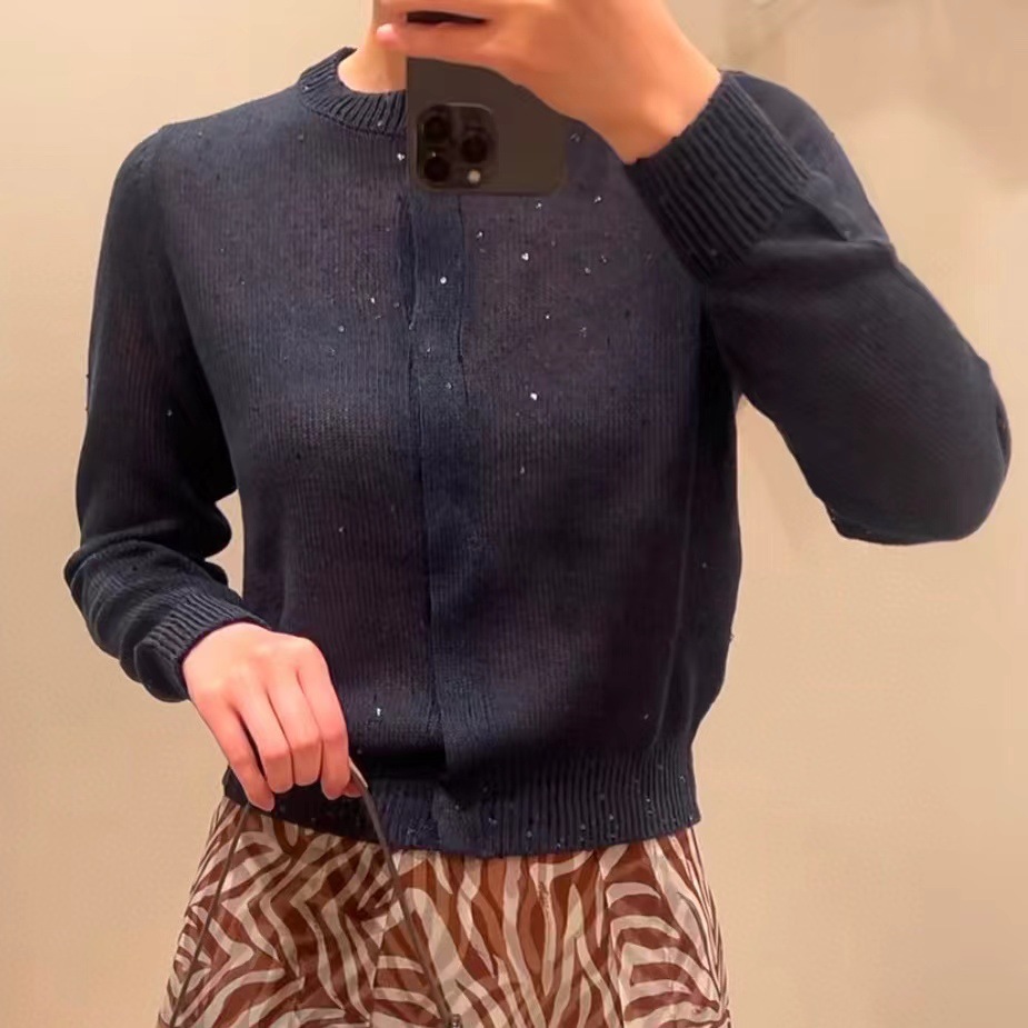 B*C 2025 Spring and Autumn New Minimalist Silk Linen Women's Sequined Round Neck Slim Long Sleeve Knitted Cardigan