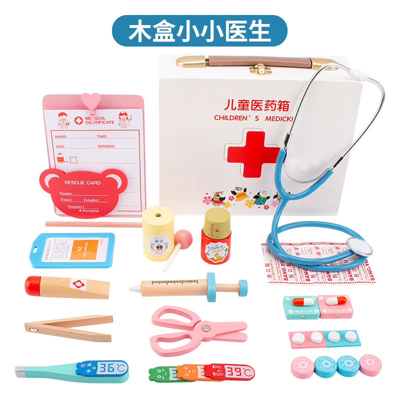 Productos de madera doctor niños juguetes de simulación jugar casa doctor enfermera inyección caja de madera almacenamiento caja de la medicina hombres y mujeres