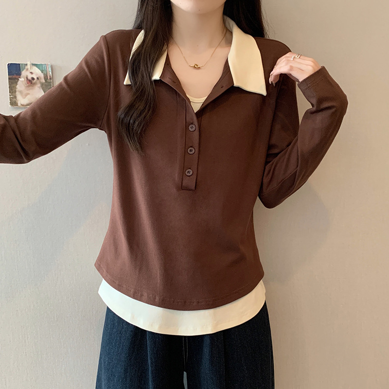 实拍2025秋装新款胖mm大码女休闲百搭polo领撞色假两件长袖上衣|undefined