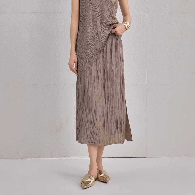 Stretch Bubble Crepe Silk Skirt for Women 2026 Spring and Summer New Niche Design Mulberry Silk Mid-Length Slit Skirt