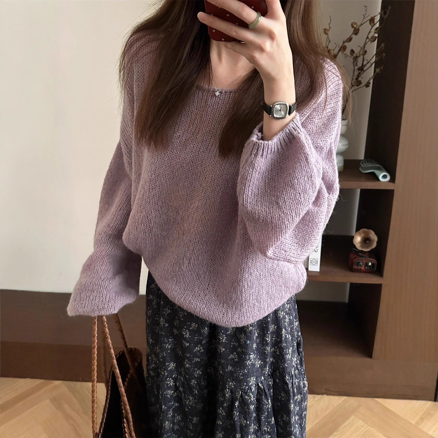 Pure Lust Purple Long-Sleeved Knitted Sweater for Women in Autumn New Style French Lazy Loose Slimming Top