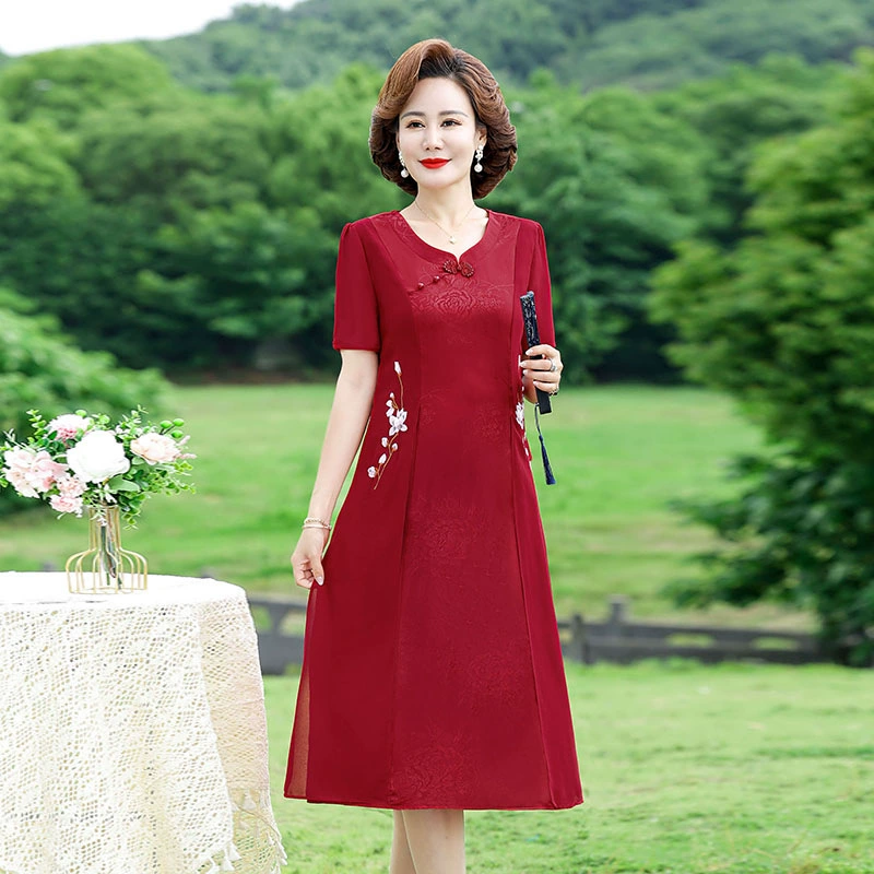 Летнее модное шифоновое платье-чонсам для мамы для женщин среднего возраста 40 и 50 лет, элегантное и благородное летнее платье, закрывающее живот.