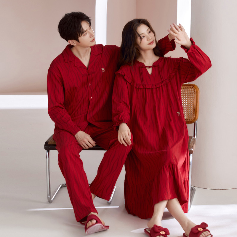 Lycra Cotton Red Wedding Couple Pajamas Spring and Autum Pure Cotton Long-Sleeved Nightgown Women's French Palace Style Wedding Suit
