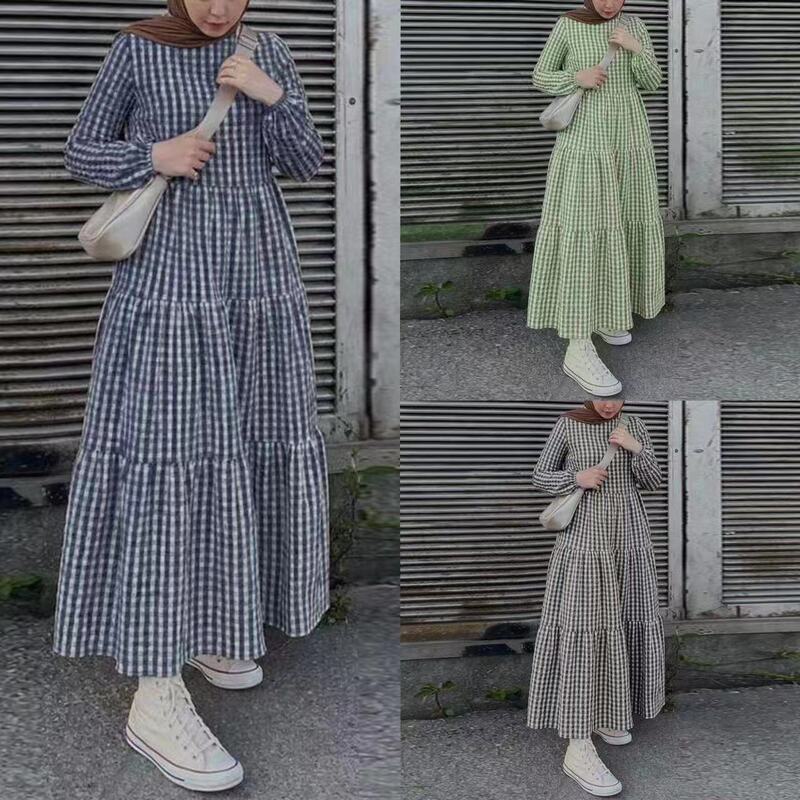 In-Stock New Cross-Border Plaid Long-Sleeve Elastic Cuff Round-Neck Loose-Waist Casual Dress Factory Wholesale In-Stock New Cross-Border Plaid Long-Sleeve Elastic Cuff Round-Neck Loose-Waist Casual Dress Factory Wholesale